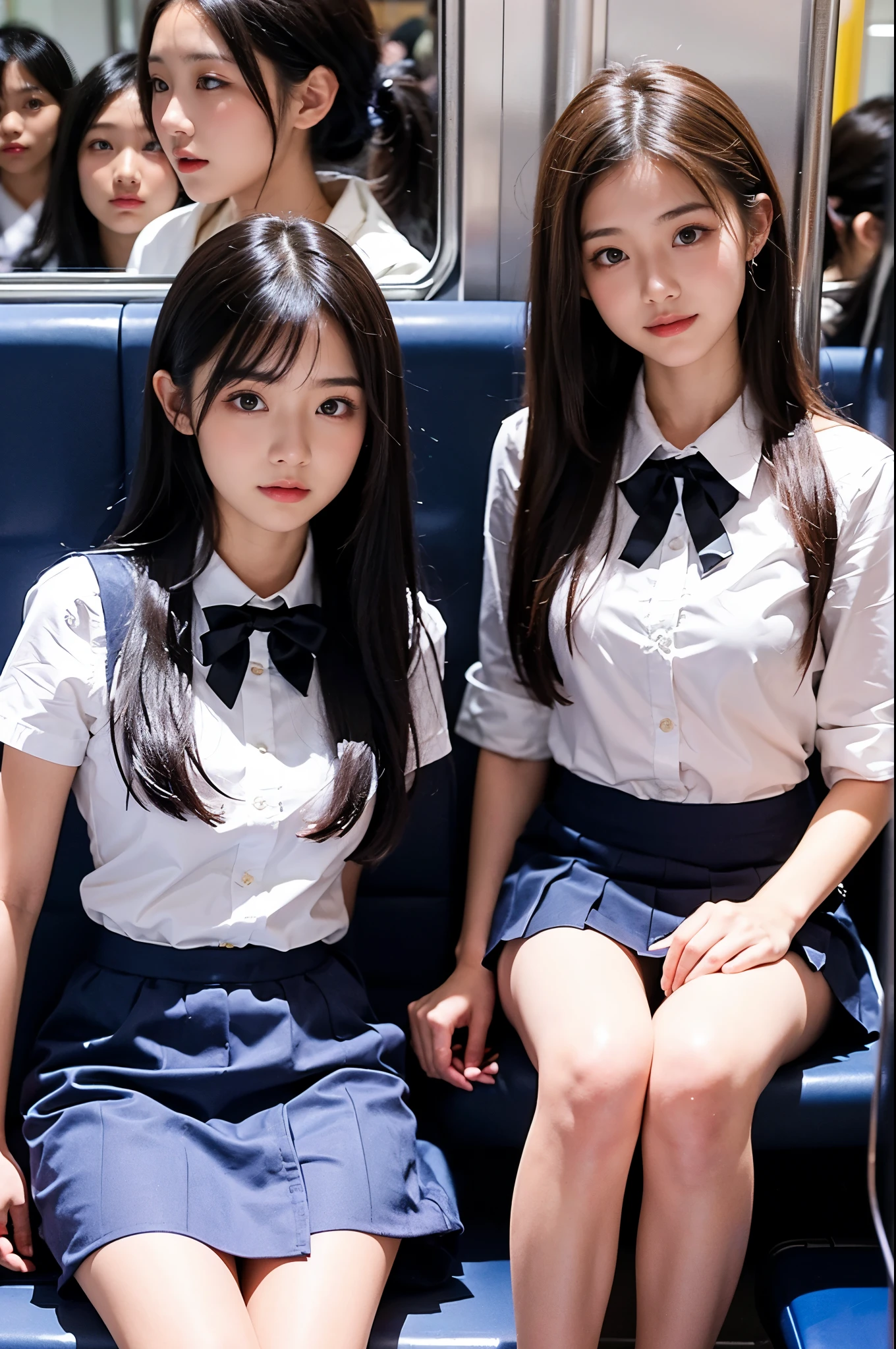 (masterpiece, highest quality:1.2), 8K, 18-year-old, 85mm, official art, RAW photo, embarrassing, Please take off half of your white shirt, upper body full nude, Biolace,Transcendently beautiful face、 gardenia, beautiful girl, school uniform, (navy pleated skirt:1.1), cinch waist, thighs, short sleeve, Standing in the car, looking at the viewer, no makeup, (smile:0.4), film grain, chromatic aberration, sharp focus, face light, clear lighting, Ten generations, detailed face, background bokeh, (Dark red tie:1.1)、((((((two girls))))))、((((((2high school girl)))))
