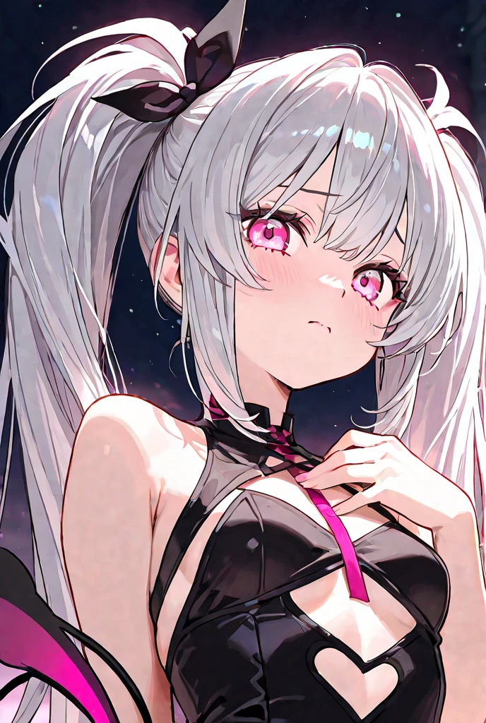 1girl, white hair, short twintails, extremely happy, cheerful, pink eyes, wearing plain black shirt, pink skirt, looking at viewer, no hat, holding orange glowsticks in hands, no underwear, medium breasts showing, side view