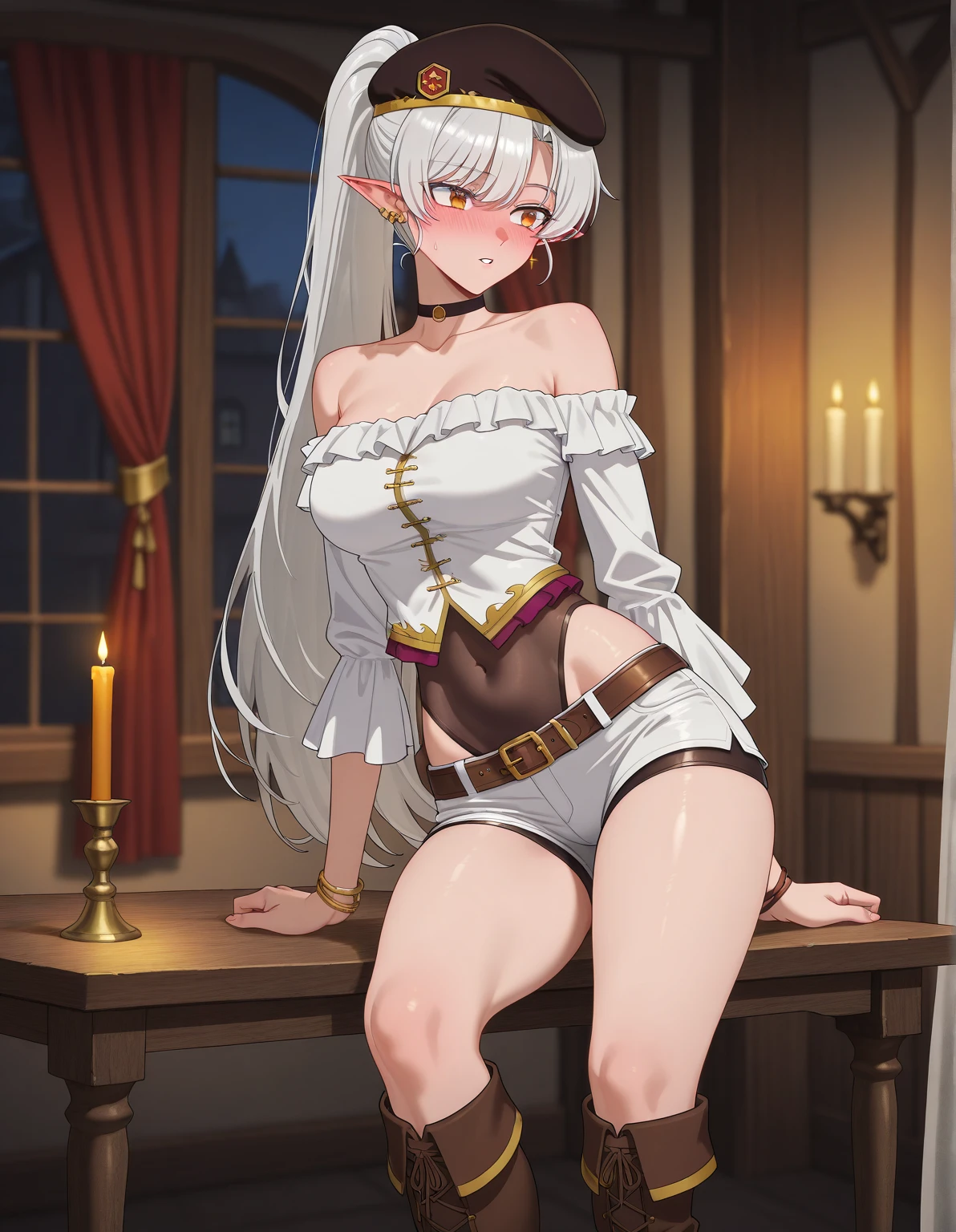 1 women, big breasts, sexy Queen costume,You can see a little bit of your underwear,long White hair outer and red hair inner, correct anatomy ,Beautiful eyes, beautiful face , tsudere,milf,in the pub,red eyes,fox ear ,nine fox tail,