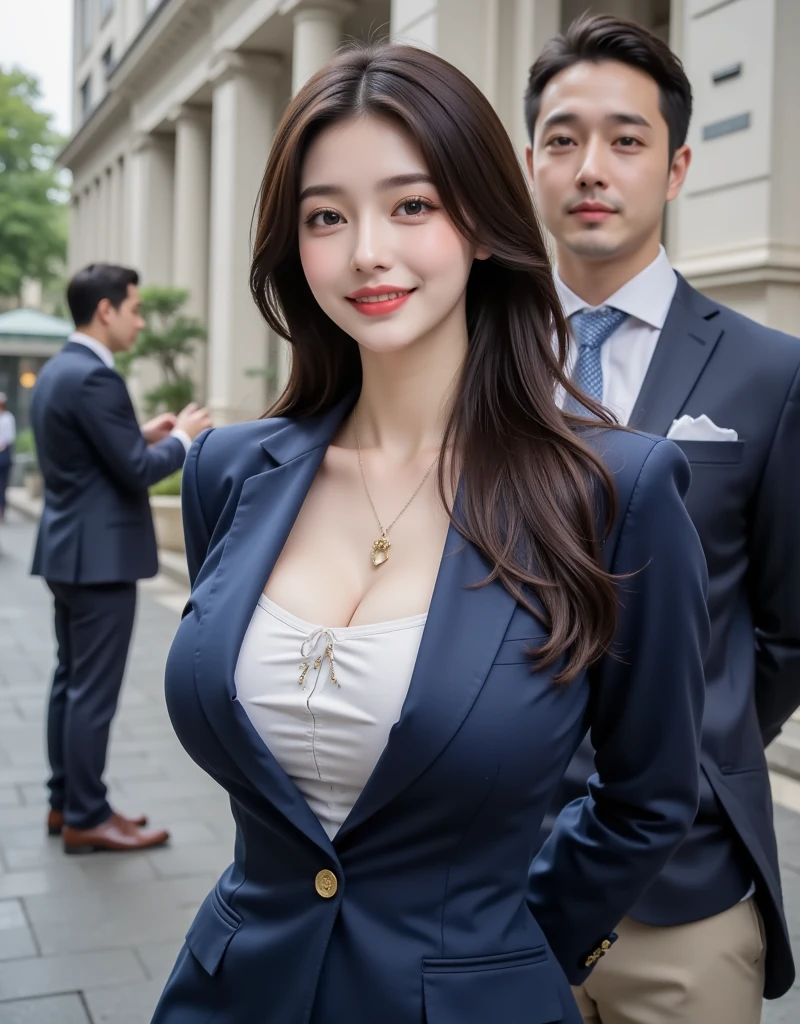(8k, Best Quality, Masterpiece, Realistic, Ultra Detailed:1.3), (1girl, pretty Japanese), (suit jacket, skinny pants:1.3), Smile, (big breasts, cleavage, perfect body), (naked:1.2), city street, no bra, good thigh, necklace, wristwatch,