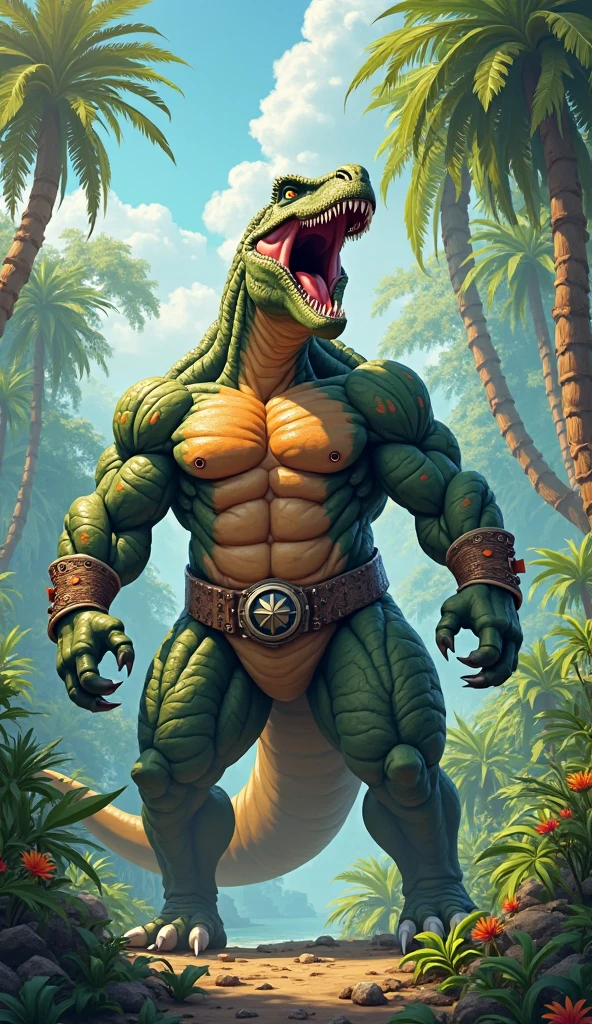 Male, anthro, muscular, bara, gummigoo, crocodile, gummy, cowboy, (cowboy), cowboy hat, gummy body, sweet, shiny body, 2-tone body, green skin fading to yellow, yellow and green skin, pink desert, greenish sky with yellow, desert, stones