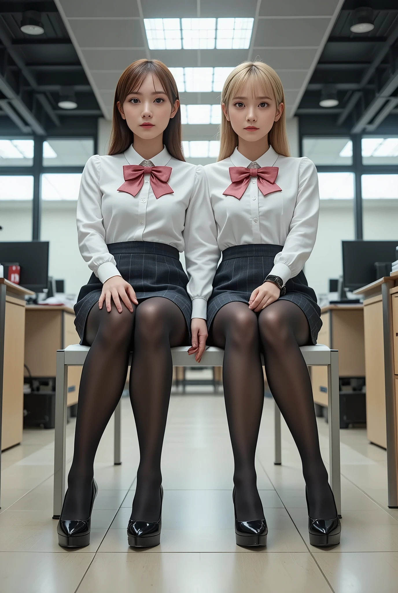 (3D Modeling:0.6), erotic, Hyper Breath,  narrow waist , sit side by side at a desk_looking here_Precocious Girl_ol, (depicting everything from a person's head to high heels from the viewpoint of chest height:1.8), bright indoor with LED lighting, Sit shallowly with both legs aligned, (Thin black tights_wide thighs:1.2_knees_Wide Calves :1.2_ankle), long to the base of the thigh_tightminiskirt, tight_big breasts, white collar shirt and OL uniform vest, big breastsと細いウエストのギャップ,  Black Haired and Blonde , score_9, score_8_up, score_7_up, score_6_up, masterpiece, best quality, details, 8k, 32K, (Ultra HD:1.2), Super cute face, delicate expression, (masterpiece), after being played in high definition, real, No windows_Wall only _Simple office location, viewed from the front, [pictures, Indoor lighting, black stockings, Beautiful Legged Model Voyeurism, (高身長女性の薄black pantyhose脚に焦点を当てて:1.2)],  (glossy luster and 4 denier_black pantyhose:1.2), (big thighs), 細いankle, High heels_high heel pumps, (tight_miniskirt), miniskirtが短過ぎる, (ol uniforms can be selected from two types: navy type and gray type:1.8), Captivate a man_sexy pose, Inducing Molestation_How to dress in violation of service