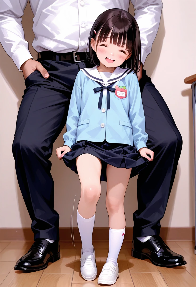 hetero,1girl,1boy, penis,nsfw,flat chest,,,6yearsold,teacher, height difference, full body, fellatio, standing, looking at another, indoors, randoseru,White dress, Back pack, from side, looking away, twintails, collarbone,arms up, arms grab,