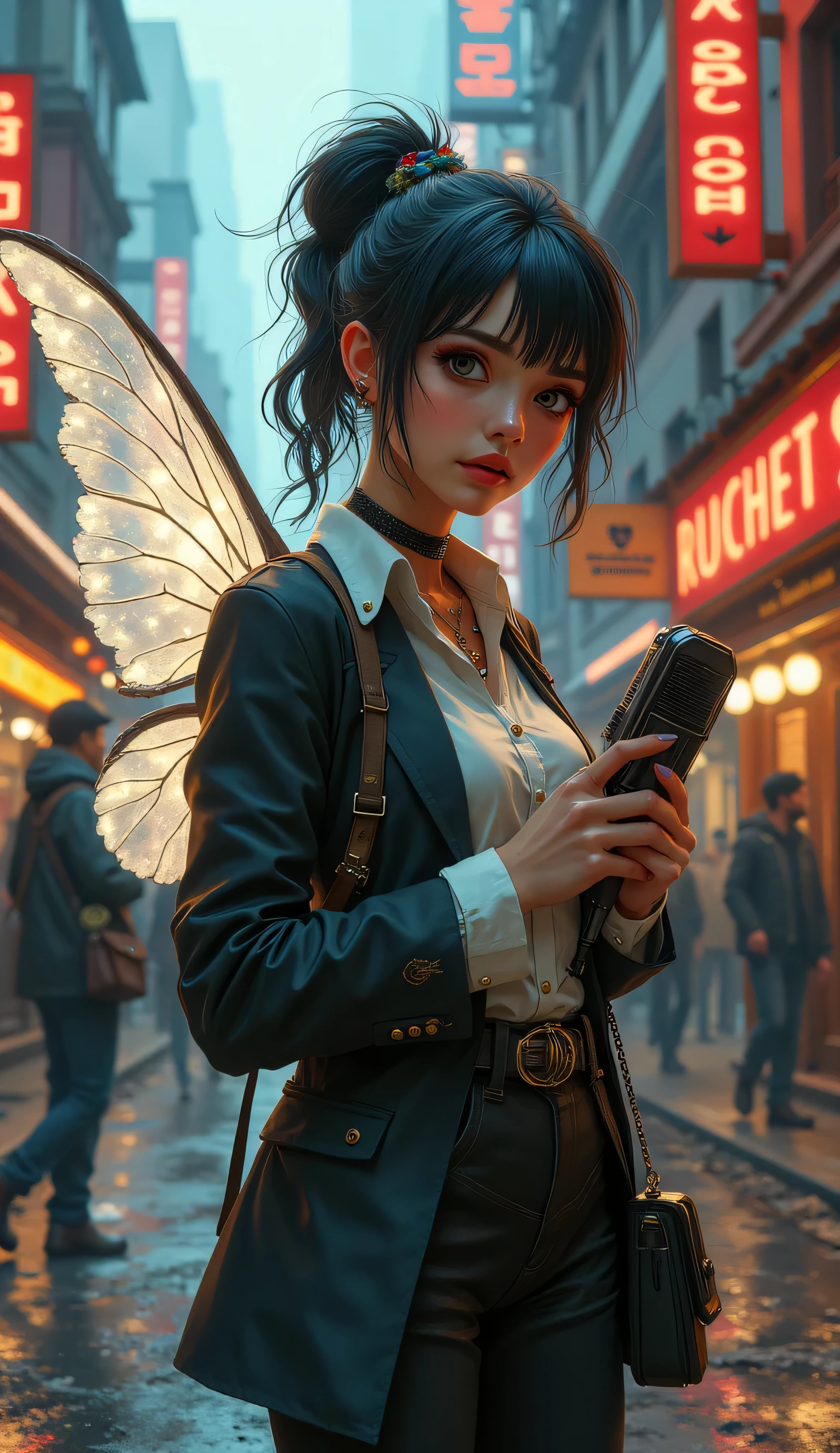 Pixie, 1female, solo, cowboy shot, tiny stature, modern journalist, urban fantasy world, busy city street, delicate translucent wings folded behind her, sleek blazer, subtle magical accents, glowing threads, enchanted jewelry, carries magical recording device, sharp and curious expression, holds a microphone, futuristic technology, mystical elements, neon signs in ancient runes, enchanted coffee stands, dynamic and energetic mood, realism and fantasy