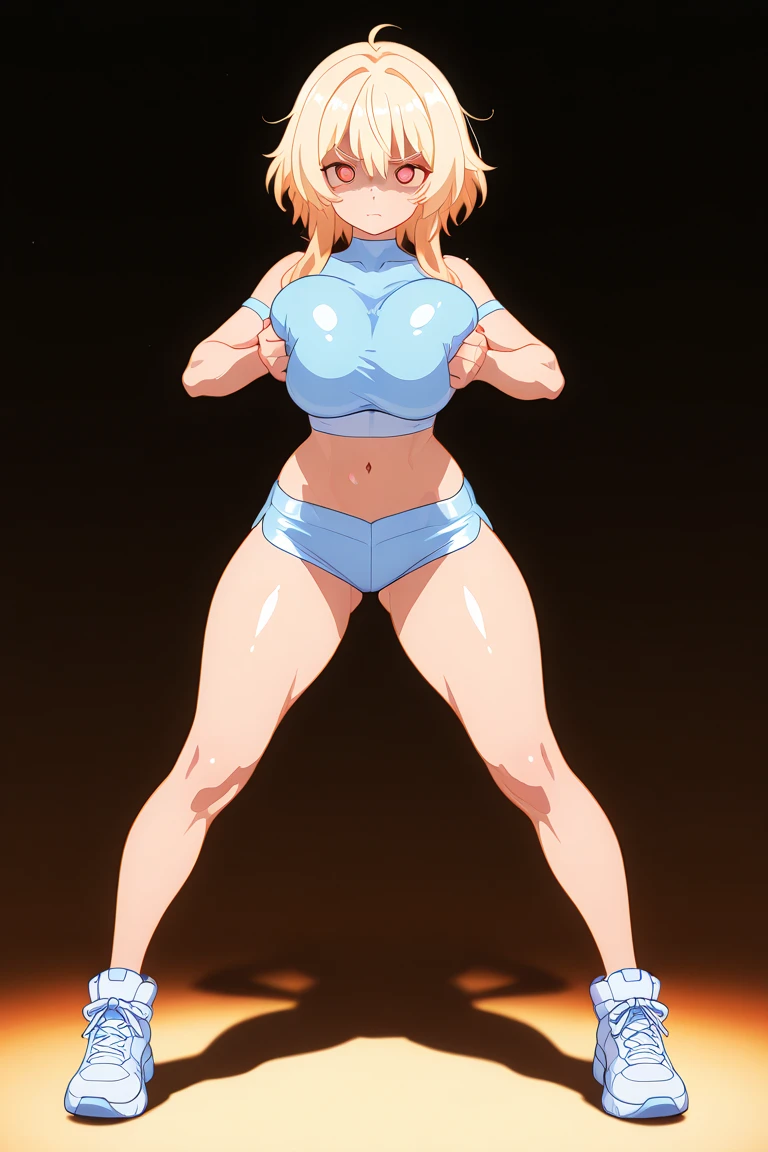 Anime, High quality full body image of Asuna as a bodybuilder in a tight bikini, Tanga, ohne Schuhe, feet, bare feet, massive muscular body, huge muscular shoulders, Massiver Big Bizeps, veins in Bizeps, Muskelbeine, massive muscular abs, bizeps flex. posierend, Sie schwitzt, very muscular, The toned body shines in the spotlight, she is standing on a stage, much muscular