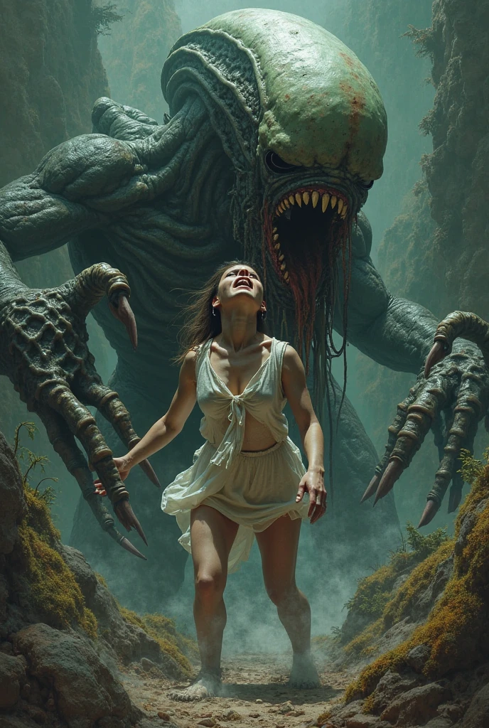 1girl, tall girl chased by a monster, super detailed, intricate, extreme quality photoshot, DSLR, UHD, 8k, dramatic light, dramatic exposure, ambient, front view, low angle shot