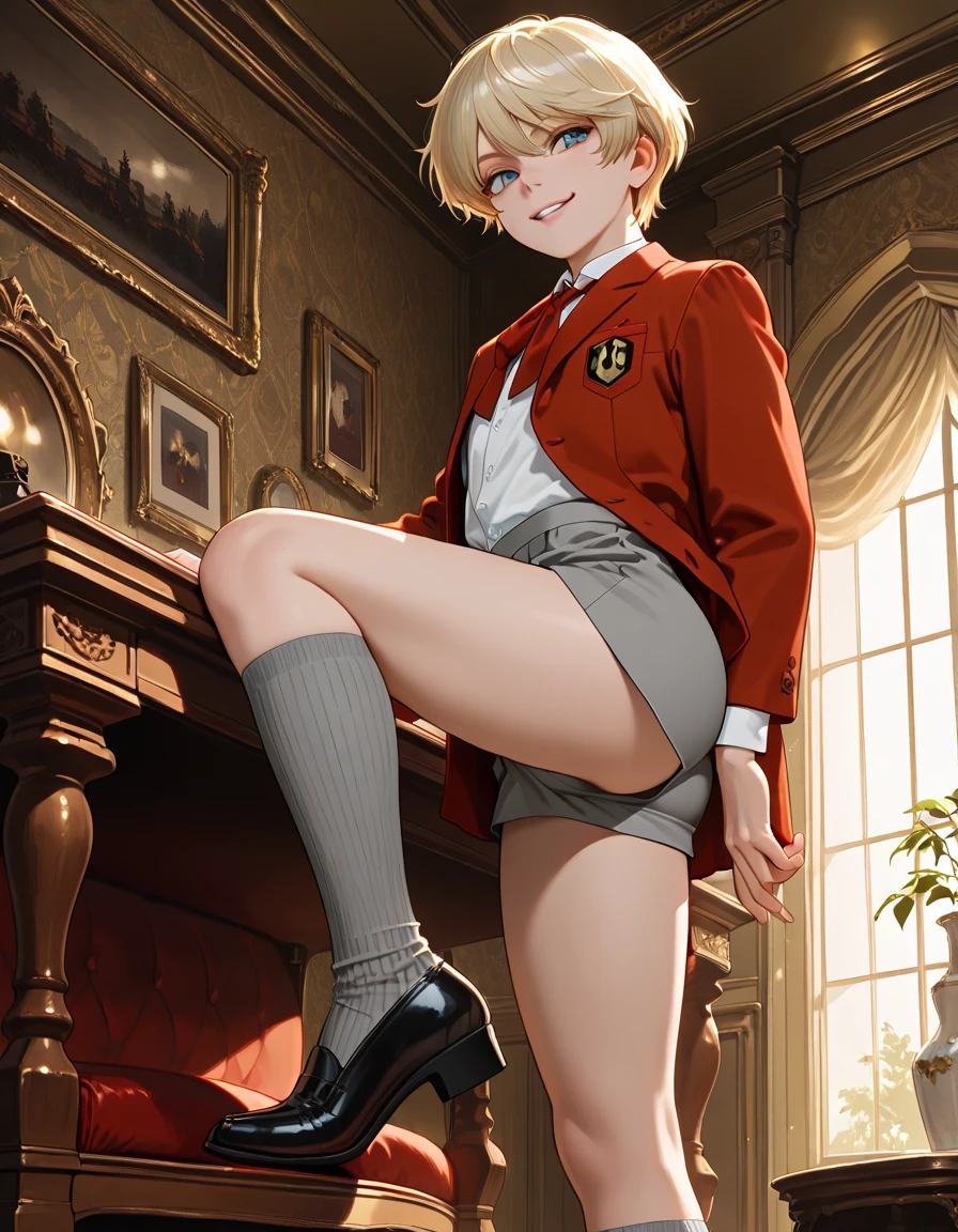 olga pataki, white shirt, black vest, long sleeves, midriff, white thighhighs, half-closed eyes, black headband, blonde, short hair, retro style, foreskin, green skirt, footjob, laughing