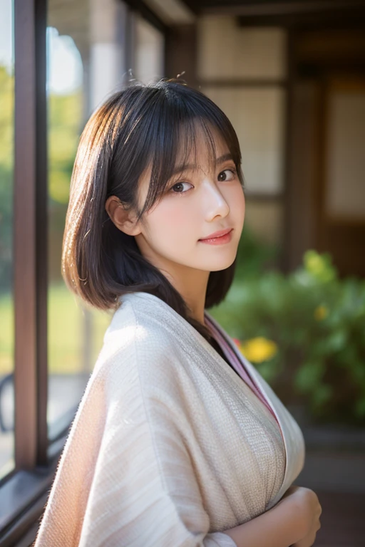 (highest quality,masterpiece:1.3,Ultra-high resolution),(Very detailed,Caustics,8k),(Realistic:1.4,RAW shooting),Japanese,28 years old,cute,I'm looking at the camera with a smile on my face,Black Hair,short hair,Duck mouth,Natural Makeup,big ,White blouse,Bust up shot,Warm Light,Natural light,Professional Writing