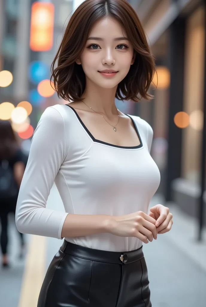 (Photorealistic:1.4), (Very detailed), (Highest quality), (Best Shadow), (masterpiece), Ultra-high resolution, 1 The Ultimate Beautiful Mature Woman, Very detailed顔, (Perfect Teeth), Beautiful Eyes, double eyelid, eyelash, Lip details, Short black hair, (Light purple blouse:1.2), (Red tight mini skirt:1.3), Light pink panties, (Big Breasts), smile, Thighs, Written boundary depth, Perfect lighting, With background: (Tokyo Ginza Street)