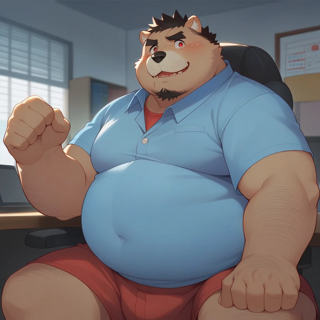(by dramamine, by haps), mature male, old chubby bear, obese male, musclechub, thick arms, thick thighs, (brown fur:1.2),((black facial beard)),(hi res, best quality, high quality, detailed, shaded, shading, masterpiece:1.2), detailed eyes, detailed clothing, smirk, aroused, horny, sexy, seductive smile, hairy chest, fluffy body, hairy pubes, glasses,inside office,(white boxers:1.4), (dark blue tank top:1.5),(black socks:1.2), sitting on office chair, legs spread, boner, exposed penis, large penis, hard penis, bulge, genital bulge, wet, nsfw