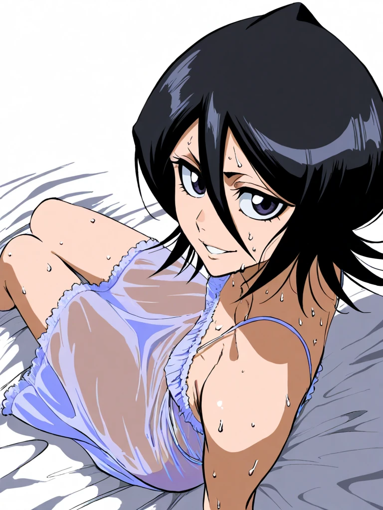 , (rukia kuchiki)+++ ,(impossibly huge chest) ,(white liquid on face) , black slingshot bra , (big eyes)+, (human mlik)++,fluid eruption,defeated, lying on the ground , (happy ahegao)+++, , accidentally gropping breast pov,