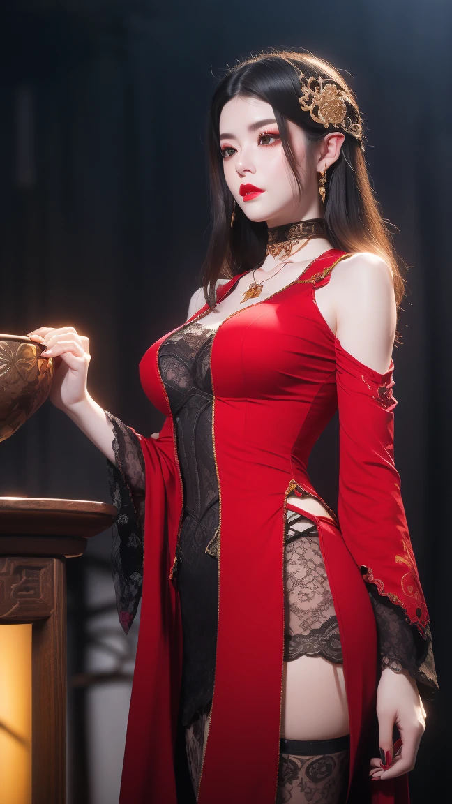 1 beautiful devil woman from hell, In the Dark: 1.6), surreal female portrait by David Hockney and Alphonse Mucha, fantasy art, korea doll, photorealism, dynamic lighting, artstation, poster, volumetric lighting, very detailed faces, 8k ultra, Awarded, in the dark, deep shadow, low key, cowboy lens, (Red phoenix dress: 1.4), long hair, black hair, bust, luxurious palace, Royal style, devil crown, red eyes make up very sharp and detailed, The most beautiful face, big and regular breasts, Super realistic, chinese women's clothing, polo neck sweater, Charming smile, The eyes are very well made up, guweiz, devil style, loong, wearing black mesh socks, 2 bangs braided hair, Red lips, Devil tattoo on shoulder, wearing a thin red and black robe, the landscape is overcast and thunderous, (Portrait),Close-up of the main character, (Background details 1.8), 2 hands under the belly,