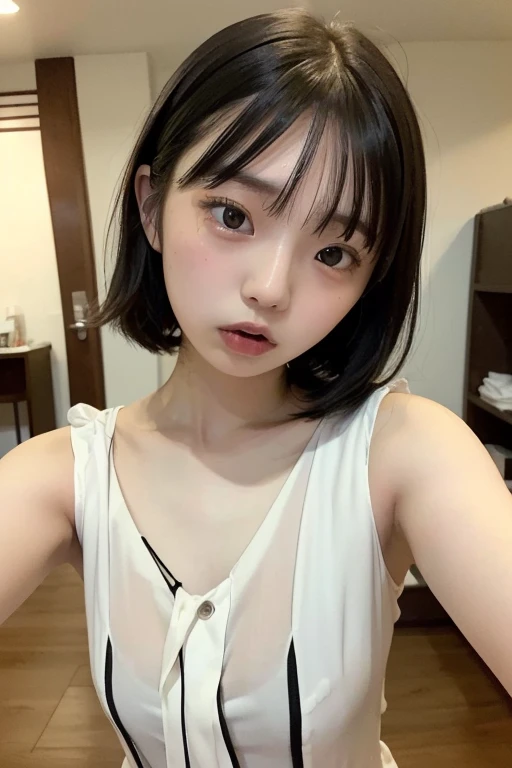 ((Highest quality)), ((masterpiece)), (detailed), Short-sleeved T-shirt、One girl,Short sleeve turtleneck,Small breasts,Japanese,Drooping eyes,Symmetrical face,front,Selfie、８K、With bangs、Medium Hair、Black Hair