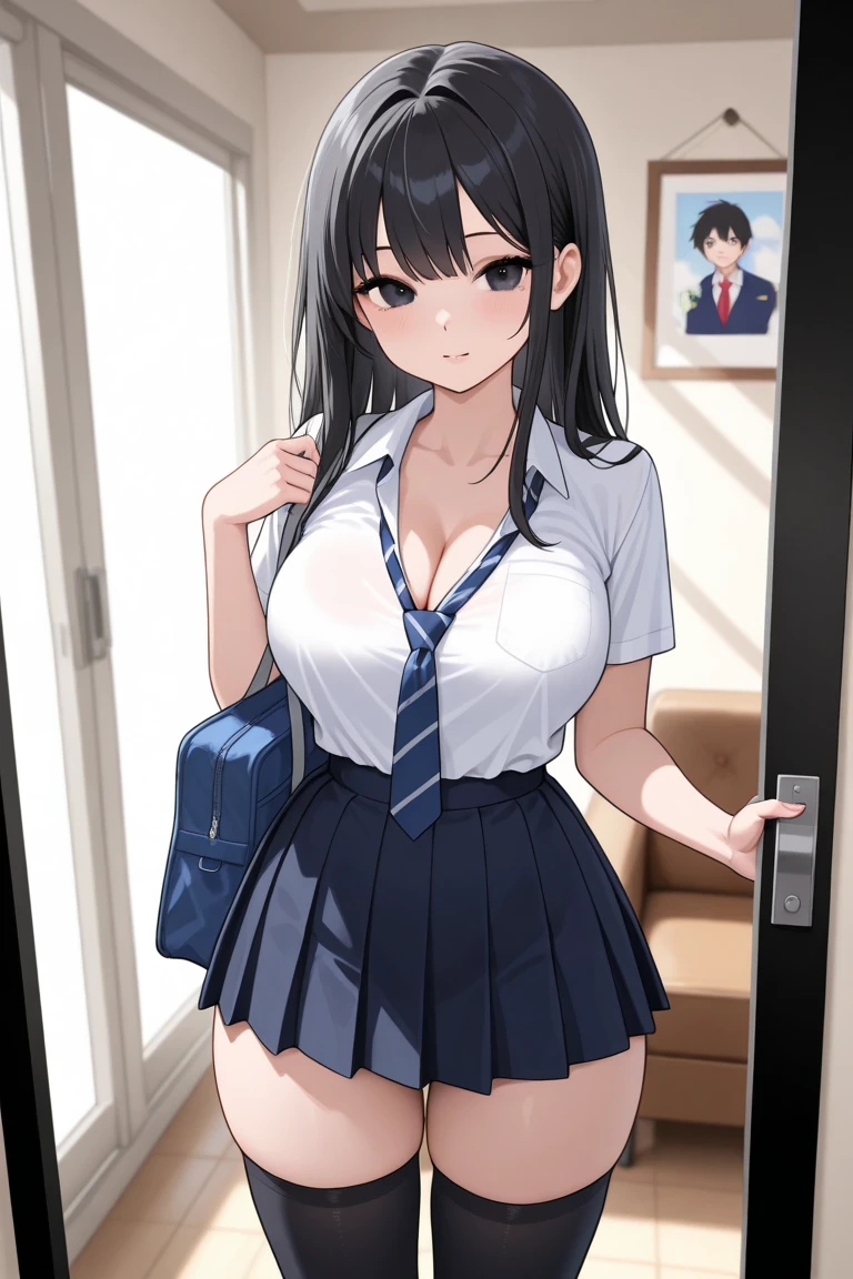masterpiece,best quality,absurdres,photorealistic,mature female,sagging breasts,<lora:wanen:0.6>,long_hair,large_breasts,cleavage,school uniform,
