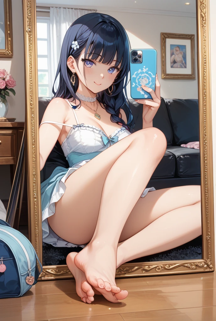 (masterpiece, best quality), ((1girl, (mature female) long hair), (star-shaped pupils, +_+, symbol-shaped pupils, sparkling eyes)), (looking at viewer, light smile, ), large breasts, huge breasts, full body, white hair, ponytail, long ponytail, multicolored hair, honkai star rail, skinny, upper body focus, focus, detailed face, solo, solo focus, alluring face, shiny, shining, earrings, accessories, sparkling, sparkle, no cover, kiana kaslana, bare neck, perfect neck, bare shoulders, collarbone, detailed collarbone, perfect shoulders, bare arms, perfect arms, perfect fingers, no strap, strapless, no sleeves, sleeveless, front view, nape, bare nape, perfect nape, underboob, exposed body, mirror, reflection, phone, holding a phone, selfie, selfie pose, girl selfie, girl holding a phone, perfect hands, sitting, crossed legs