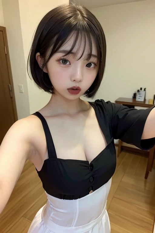 (masterpiece), best quality, expressive eyes, perfect face, Beautiful student leaning on desk )), ((short black hair)), ((Loose strapless crop top))((The breasts are leaking out)), trying to seduce the audience, Can't help but want to touch, seductive look, Half-body shooting, ((Put your hands behind your back)),The nipple leaked out