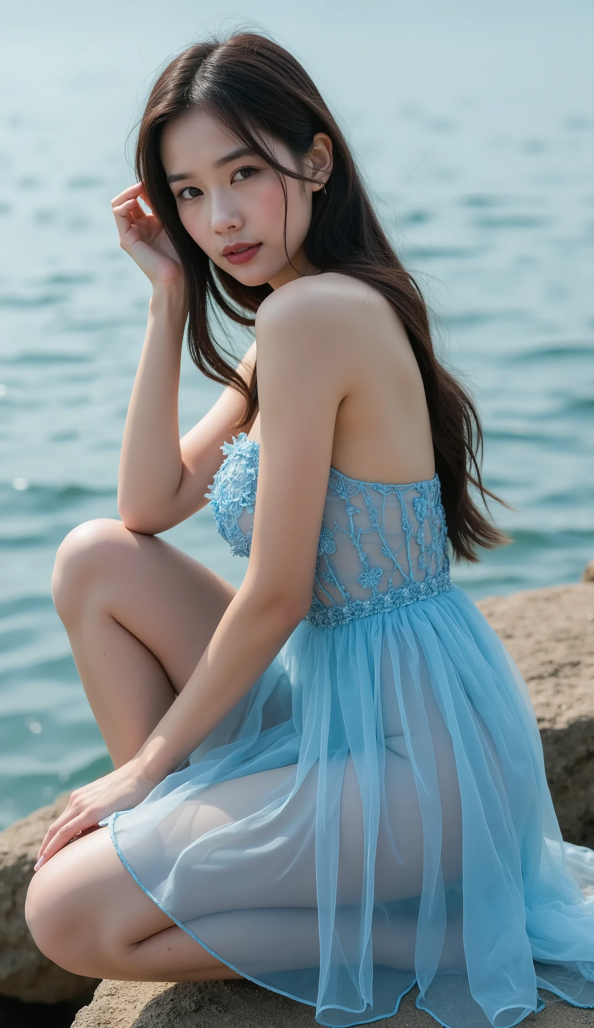 (((best quality))), (((ultra detailed))), (((masterpiece))), illustration,((1 beautiful young girl,solo)),(shoulder-length straight bob:0.8),((sweat,wet)),(shiny skin:1.5),((slim,thin)),((small breasts,flat chest)),(sitting:1.3),(arms behind back:1.3),(spread legs apart:1.3),(on golden sandy beach:1.3),(by the sea:1.3),(sunset sunlight:1.3),stunning, (golden sparkling dress:1.3),(slender legs:1.2),(loafers:1.2), (fair smooth skin:1.3), (detailed eyes:1.2),(smile:1.3),delicate fabric,ethereal, adorn, azure waves,shore,foam, stillness, (evening:1.3),(from front:1.3)