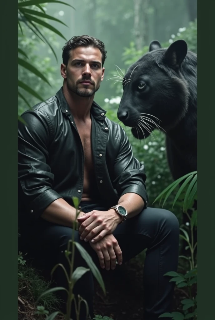 Homem de jaqueta de couro sentado ao lado de um tigre preto, na selva, Rei da selva, na selva, em uma selva, em um ambiente de selva, Senhor da Selva, Ryan Gosling como Pantera Negra, Doc Savage na selva, Golfinho Lundgren, estilo de carbono alterado, Lucas Evans, selva ao seu redor, ainda de um filme live action