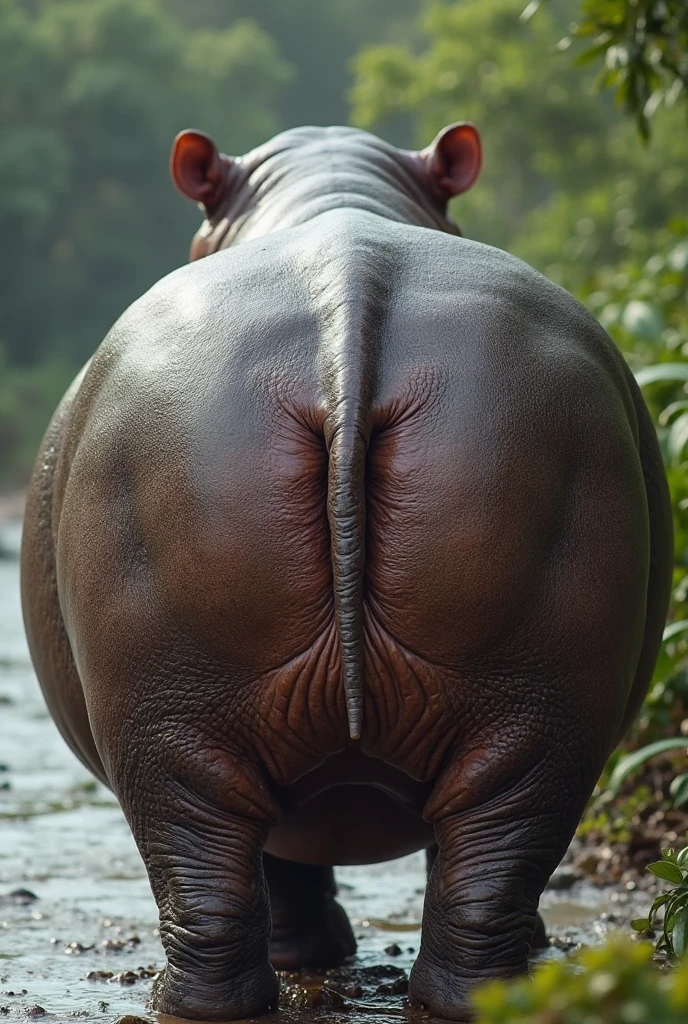 a very full figured very black skinned nude African woman riding a big Belgian draft horse mare (side view). big bum. very short tail. horse facing horizon . flat grass meadow. steaming horse dung behind horse. cloudless blue sky.