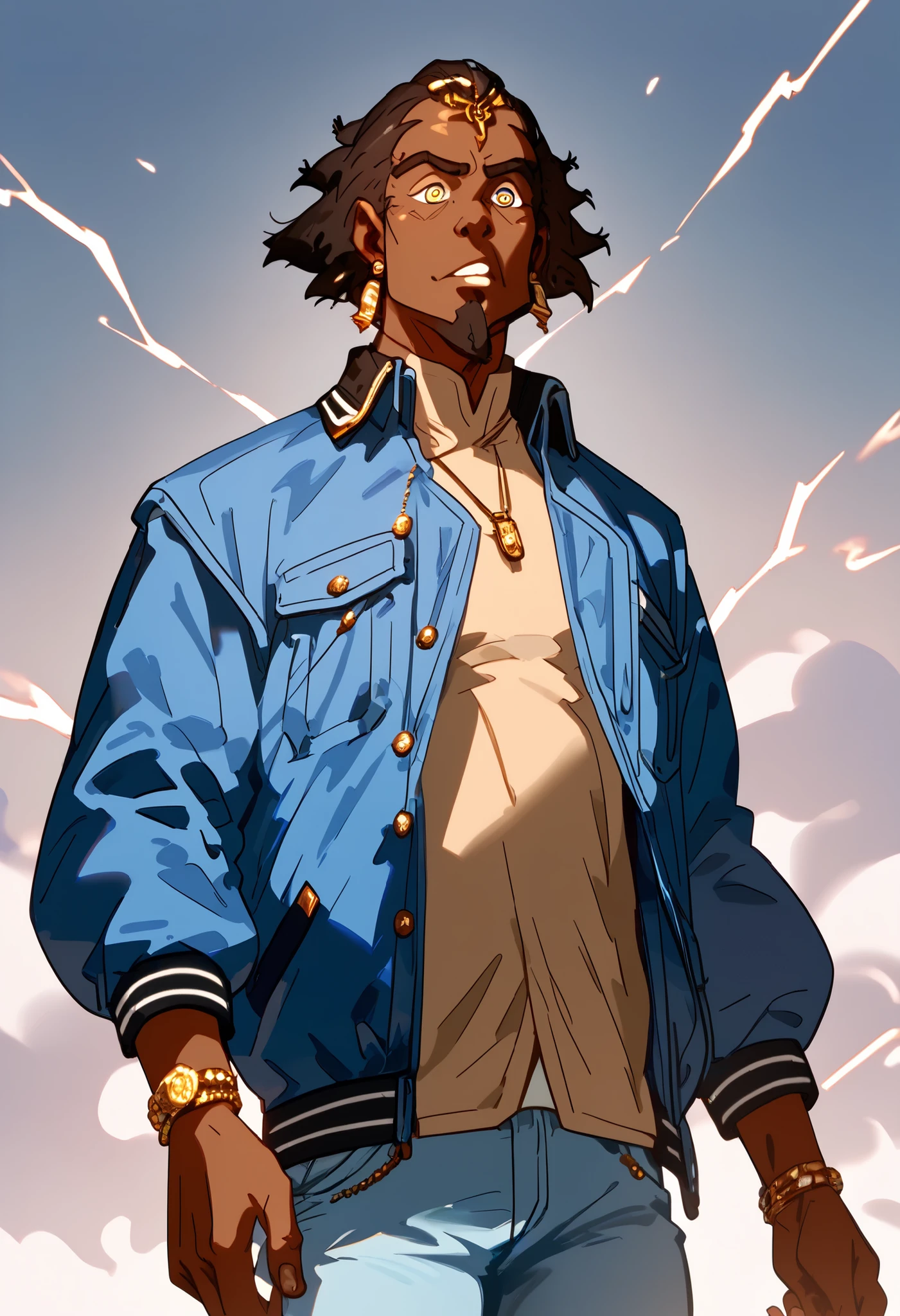 , score_9,score_8_up,score_7_up, mature men, African skin, Bright eyes, short black hair, bulk body shape, wearing a blue jacket and jeans pants, holding a black lightning in right hand, and a blue iced mist in the left hand, character design , illustration