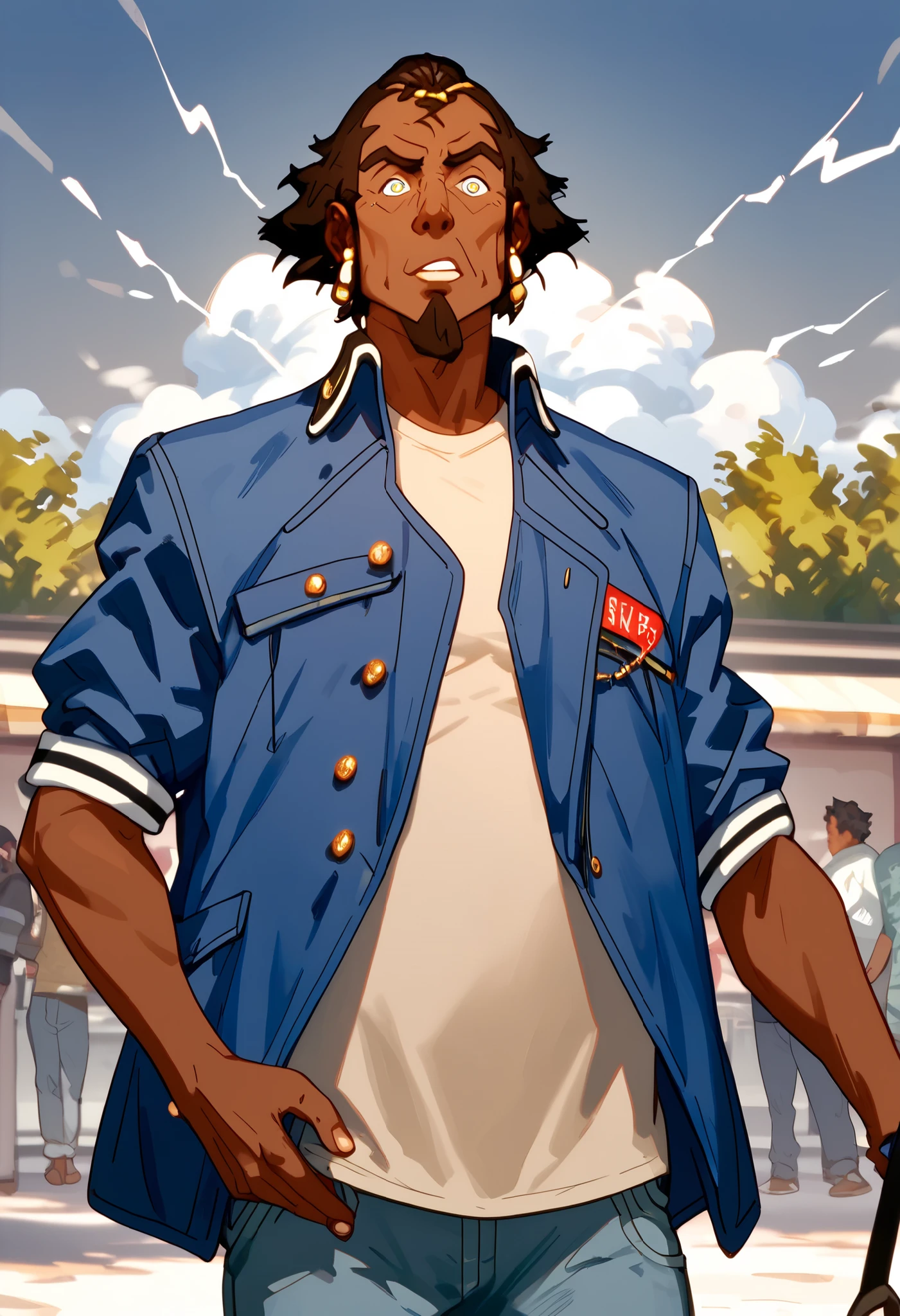 , score_9,score_8_up,score_7_up, mature men, African skin, Bright eyes, short black hair, bulk body shape, wearing a blue jacket and jeans pants, holding a black lightning in right hand, and a blue iced mist in the left hand, character design , illustration