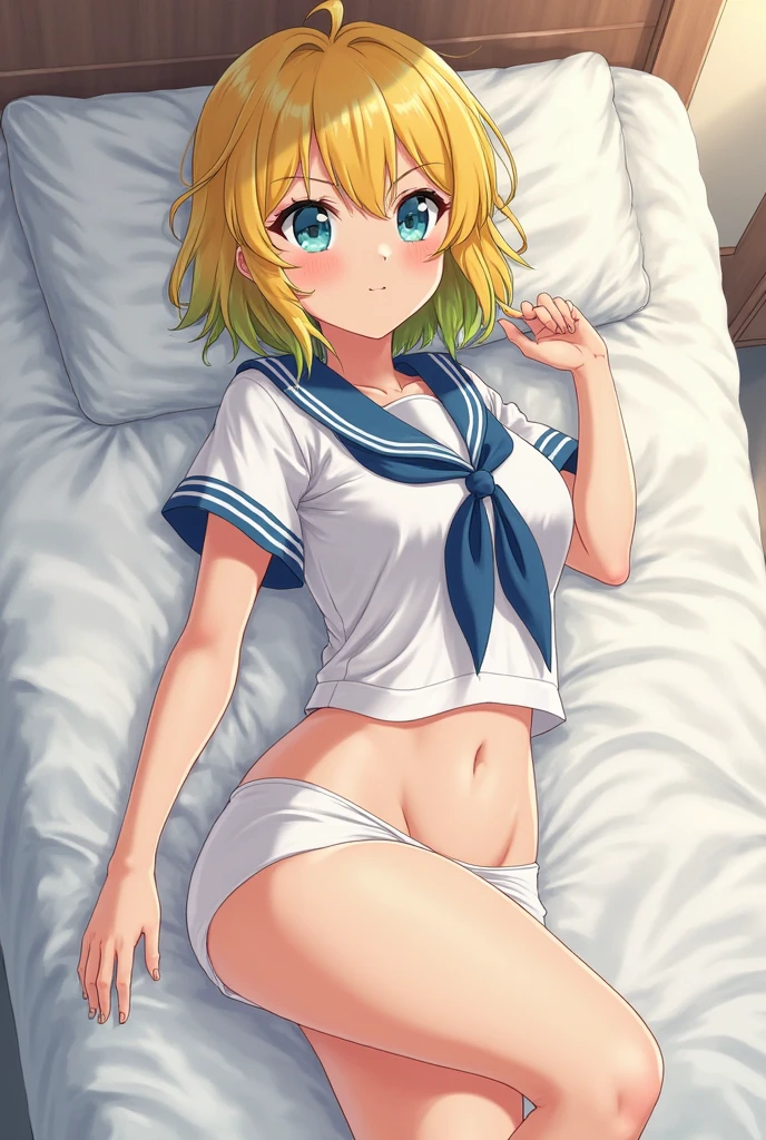 Browsing Caution Sailor Uranus, Kizuki Eye,, Big and ample breasts, Aqua Eye, blonde, Sailor Warrior Uniforms, Sailor collar, Chest Bow, Yellow ribbon, Attractive skirt, White elbow gloves, Bedroom, (Nice:1.2),Shirtless and staring at the viewer, Erect nipples、Showing panties、Ultra mini skirt、Micro Panties、(Dynamic pose:1.2)、(Downから見る:1.2)、Camel Toe.Between the legs、belly button、Spread your legs.(Browsing Caution:1.2)、(Down :1.2)、Between the legsフォーカス、Dynamic Angle ((((topless))))++ 綺麗なBedroom Night view ( Sex, sexual intercourse, put in, Heterosexual, Motion Lines, Motion Blur, Talking Spirit:1.1), (Lie in, Lie in on your back, bed,Subjective:1.1)(Cum on body / Excessive semen projectile) Beautiful Armpits