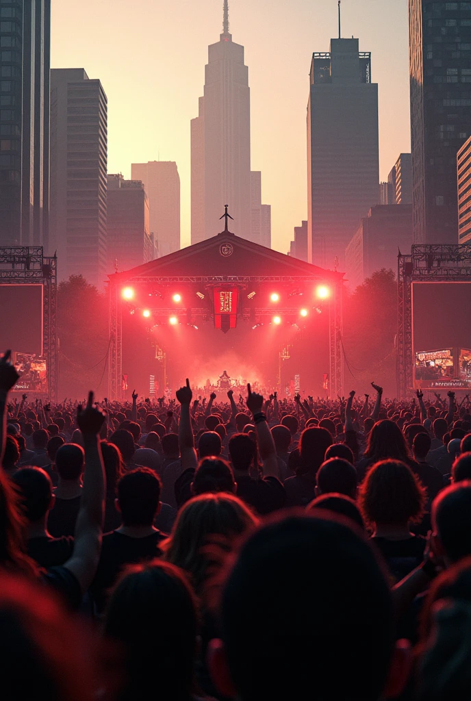 A large crowd of people in the middle of a large modern city with a sunset behind