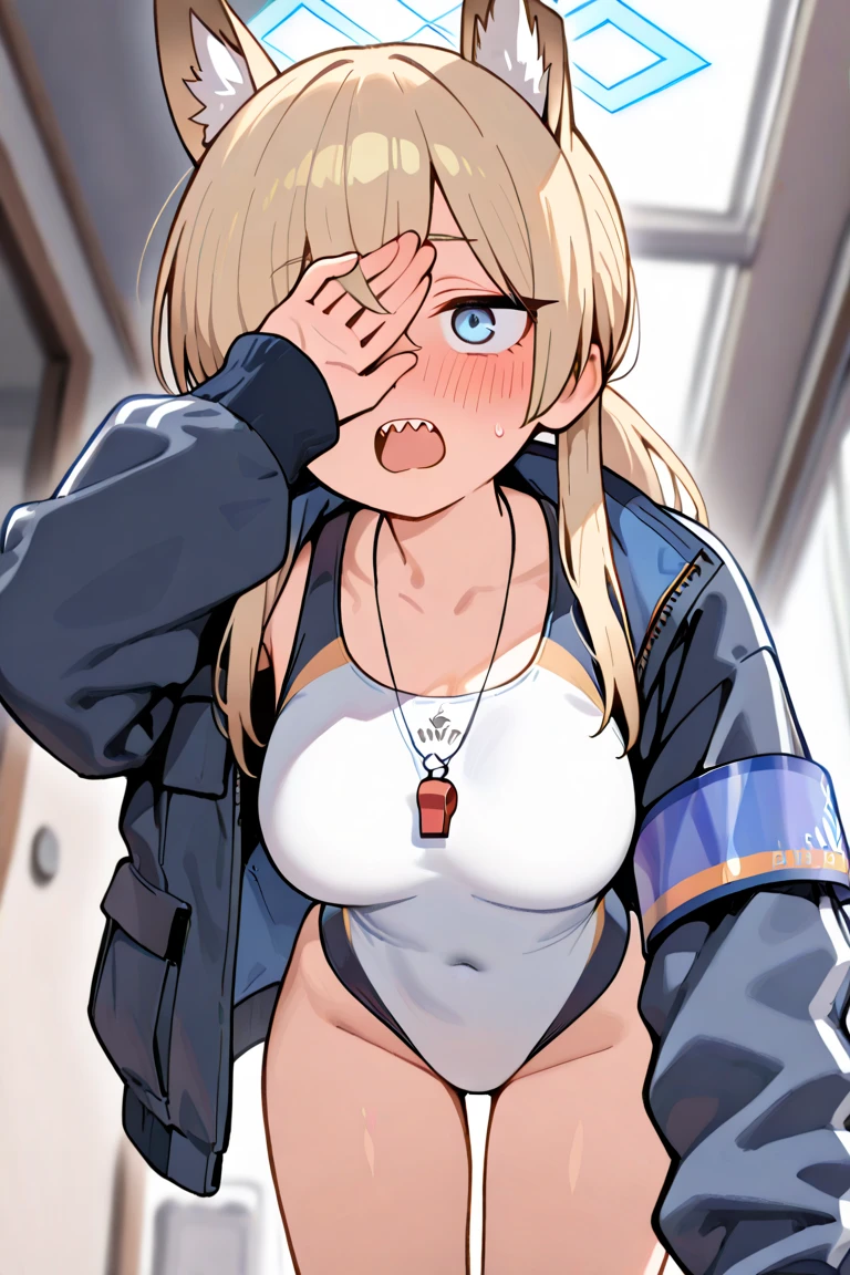 ((topless)), nsfw, masterpiece, 1 girl, erect nipples, intricately detailed, navel, bare shoulders, blonde hair, hard hat, construction site, towel on neck, wiping sweat, baggy pants, cargo pants, extremely detailed, bare breasts, puffy nipples, blue eyes, bare stomach, sweaty, medium breasts, arm strap, cowboy shot, holding sledgehammer, teen, chain, soft eyes, smiling, day, belt, rubble, short hair, open mouth, hairband