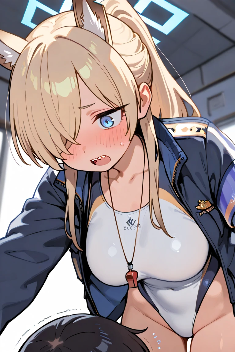 nsfw,(Petite),(boy),?????,blonde low twintails,lips,There is a gap in the chest area of the hoodie,Sweat,White Breath,slouch,Audience peering from above