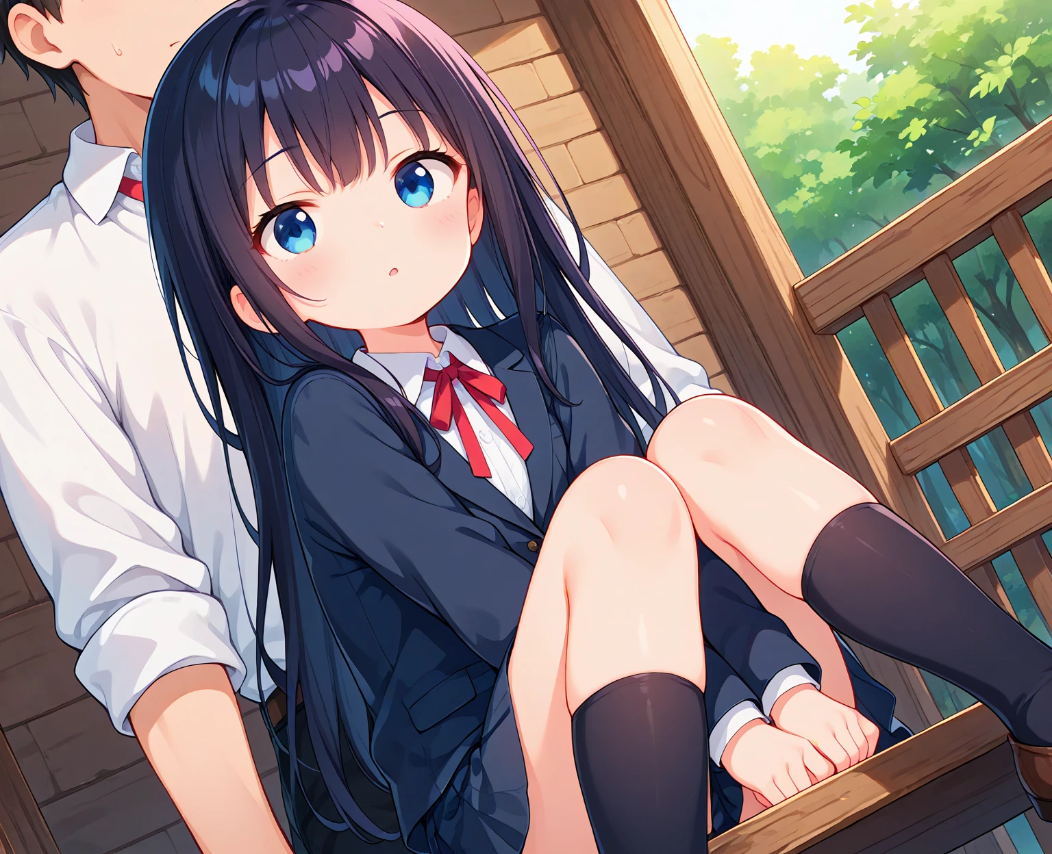 Sit on the sofa,looking ahead,from above,handjob,side view,face focus,open mouth,tongue out,cum on tongue,Licking the penis,(1girl,Beautiful 14 year old girl),((Slender,Small breasts,Baby Face,Small face,)),looking at viewer,Black Hair,bangs,two side up,Gray Eyes,Drooping eyes,slit pupils,narrow eyes,,Short sleeve shirt,Red tie,Navy blue mini skirt,Navy blue socks,Beautiful and detailed anime art,Mischievous smile,Dimly lit room,Simple Background,Gray background,Low lighting