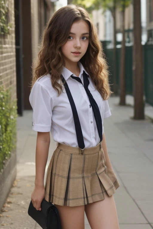 4k, 8k, 16k, HDR, Highly detailed, Cinematographer photo, RAW, Realistic photo, Photorealistic, Detailed beautiful skin, whole body, hannahowo, ((12 years old, shoulder length curly hair, dark brown hair, pale skin, freckles on both cheeks, brown eyes, wear thick glasses)), (((shirt and pleated skirt))), perfect body, belly button, hips, legs, knees, ankles, pies, detailed face, looking at the viewer, Perfect face, perfect nose, perfect mouth, slight smile, perfect skin, perfect lips, perfect arms, only 2 arms, perfect shoulders, sexy, small breasts, small butt, detailed hands, perfect hands, fingers, 5 fingers, detailed body, Perfect neck, perfect head, Pretty Woman, big smile, standing position, full body picture, looking at the viewer