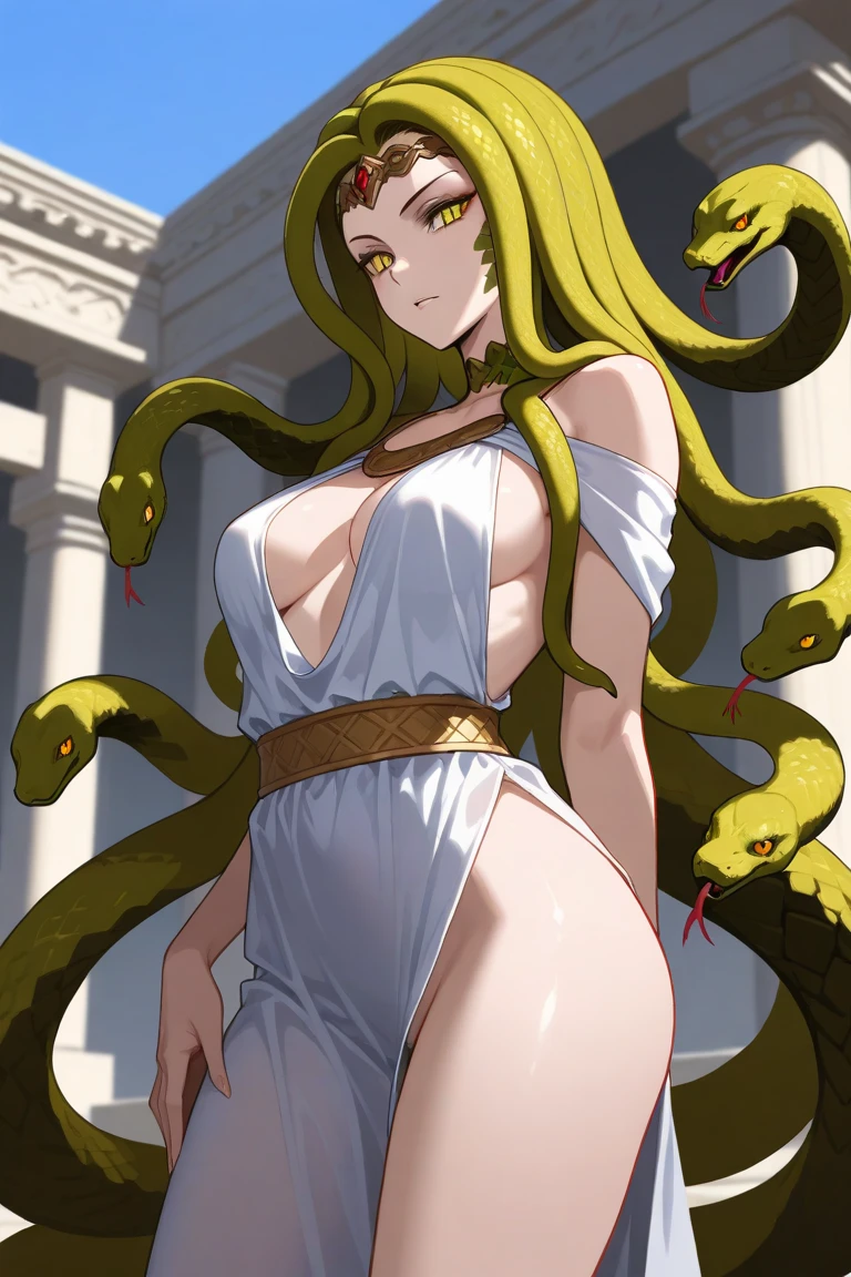 ((Highest quality)), ((masterpiece)), (detailed), (Perfect Face)、The woman is Tearju, a green-eyed, blonde, medium-long-haired woman, known as Medusa, a beautiful yet terrifying snake-woman from Greek mythology.