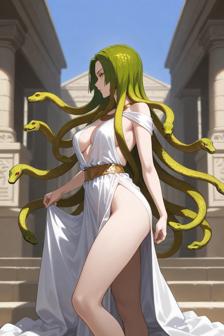 masterpiece,Palutena_??? Icarus ,best quality,Palutena dress, gigantic breasts,(muscle:1.5),in dungeon, looking at viewer, cowboy shot,green hair, curvy, bule eyes,a female tyrant with a penchant for torture,fog,drenched in sweat,pink cheeks,shiny suit ,smile, white teeth,gloomy light,balanced eyes,The two hands are interlaced in front of the chest,plump body,jewelry, golden laurel wreath
