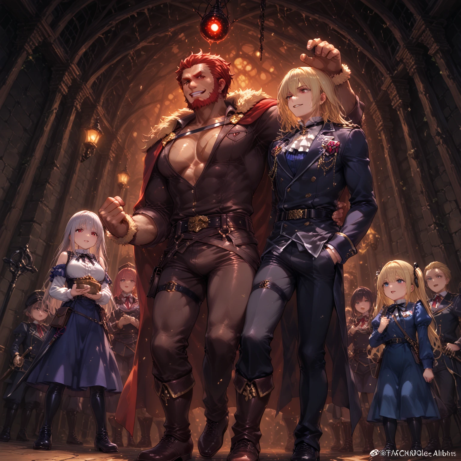 Ligt novel cover style, detailed. best quality, art, detailed face, in the style of lora marvin. A muscular warrior with a sharp chin stands next to a plump elf with big breasts, next to the elf is a wrinkled old wizard.