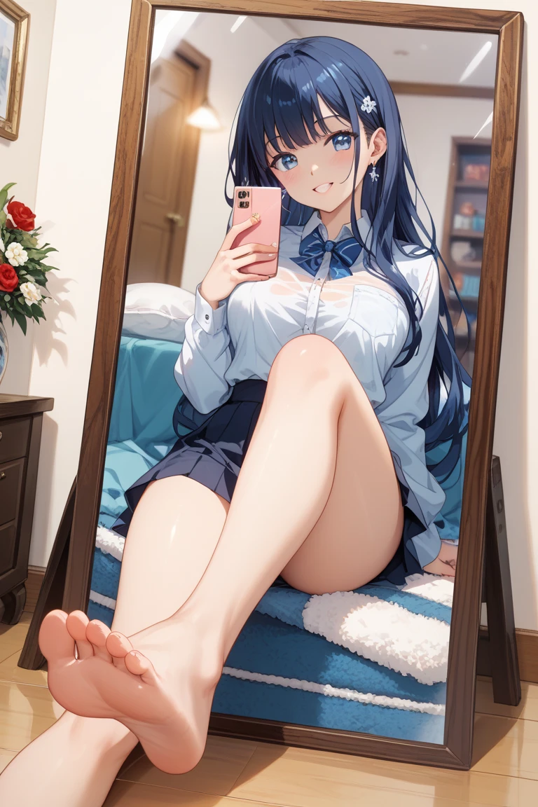 (RAW photo, best quality), (realistic, photo-realistic:1.4),
masterpiece, extremely delicate and beautiful,Amazing, finely detail, extremely detailed CG unity 8k wallpaper, huge filesize, ultra-detailed, highres, absurdres, soft light,rim light, vibrant details,
((perfect hand:1.2)), 
Take a selfie with phone in one hand and cover face,
1girl,very slim legs, very thin legs, very slender legs, long legs, very detailed legs, 
[standing|on chair|sitting|butterfly sitting],
[stockings|pantyhose|thighhighs|kneehighs], 
iphone, selfie, pose,small hand, purple eyes, 
p_m_s, hinata/(boruto/), long hair, dark blue hair, blunt bangs