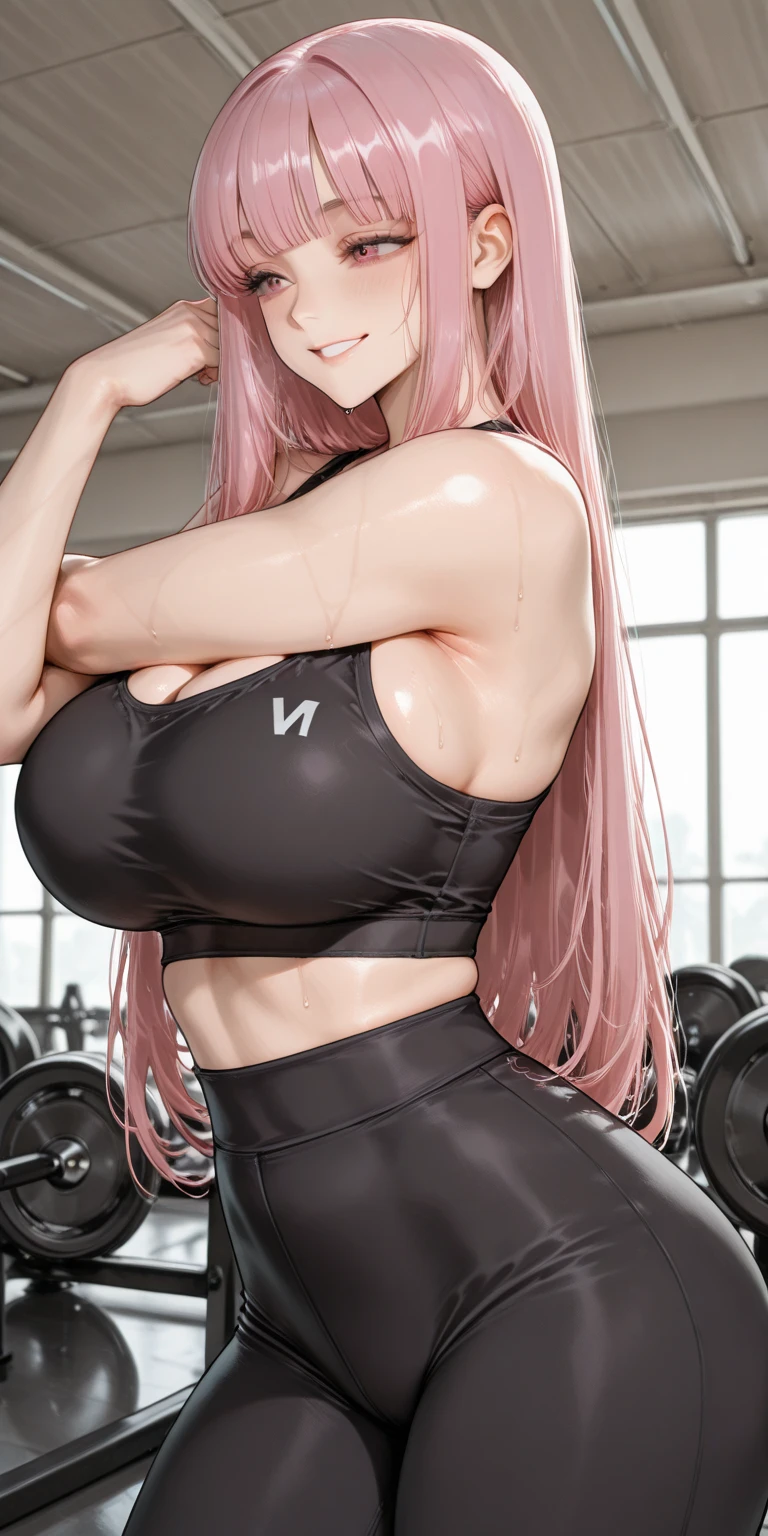 PERFECT MASTERPIECE, EXTREMELY DETAILED CG UNITY 32K UHD QUALITY RESOLUTION WALLPAPER, PHOTOREALISTIC, RAW PHOTO, PERFECT PHOTOGENIC CLARITY, OFFICIAL ART, AWARD-WINNING PORTRAIT, ULTRA HYPER-REALISTIC, ULTRA HYPER-DETAILED, SHINY REALISTIC SKIN, RAY TRACING, UNREAL ENGINE 5.8K, GLOWING AMBIENT LIGHT, The most beautiful and sexy fitness girl, very long neon pink hair in a ponytail, vibrant moonlight eyes, long detailed eyelashes, blushing, full pouting pink lips, curvy body type, full hips, accentuated super huge enormously gigantic , cleavage showing(athletic sports bra and leggings, arching her back in a sexy seductive slutty pose:1.3), looking at the viewer, close up pov camera view, sexy seductive slutty facial expression, fitness gym background