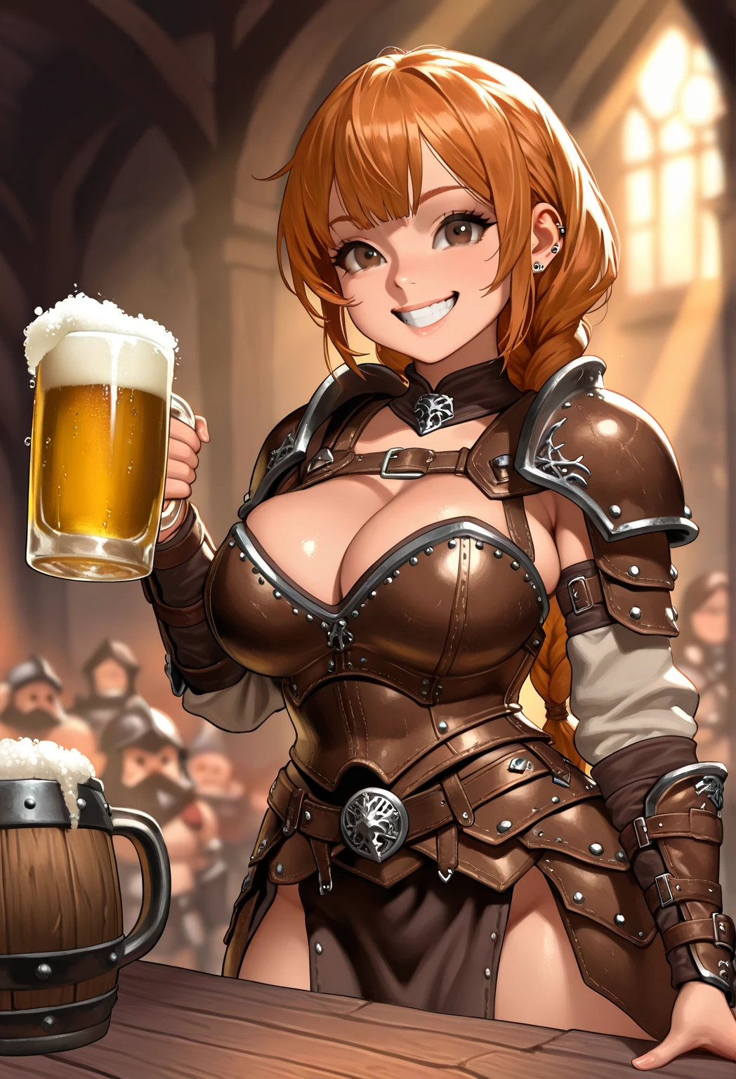 (extremely detailed:1.4),armored girl in a tavern with beer and meat,anime fantasy art,nice body,(big breasts,cleavage),(full thighs,full legs:1.3), fantasy tavern background, seductive loli in armor, oil painting-like rendering, vibrant colors, dramatic lighting