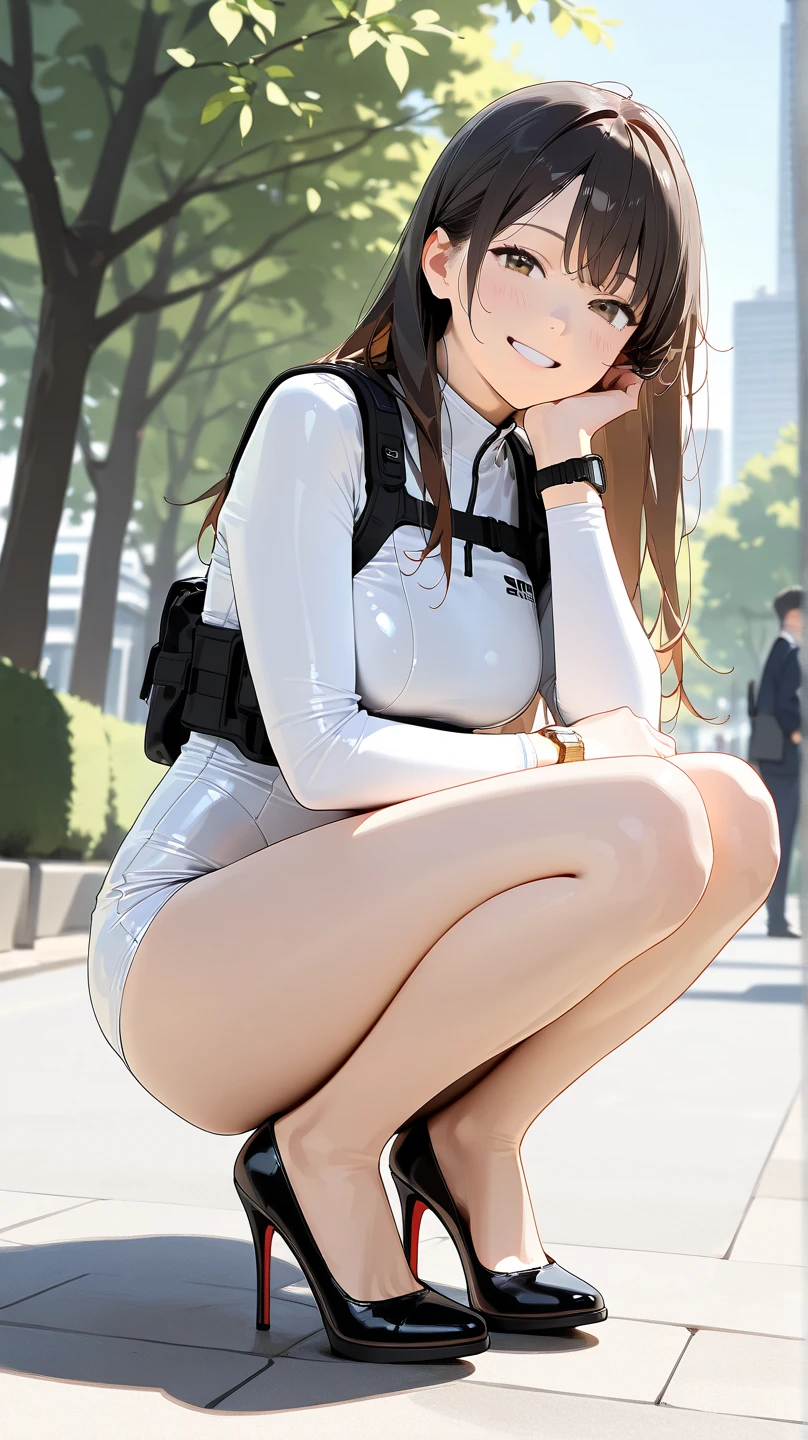 /(park outdoors/), 1lady solo, /(running jersey/), mature female, /(black hair/) bangs, blush kind smile, (masterpiece best quality:1.2) delicate illustration ultra-detailed, large breast，（full），（Sitting on the toilet），（White toilet），Sitting on the toilet上马桶的女孩子