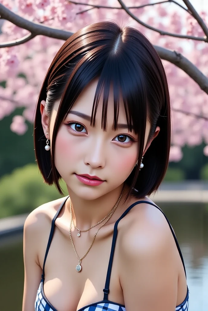 (Best quality, 8K, 32K, Masterpiece, hyper HD:1.2),Photo of Pretty Japanese woman in the, Large breasts, Very short Bob hair,Upper body,Face focus,Topless_，Naked,  on pink pompoms_，necklace, Simple background, From above:1.8,
