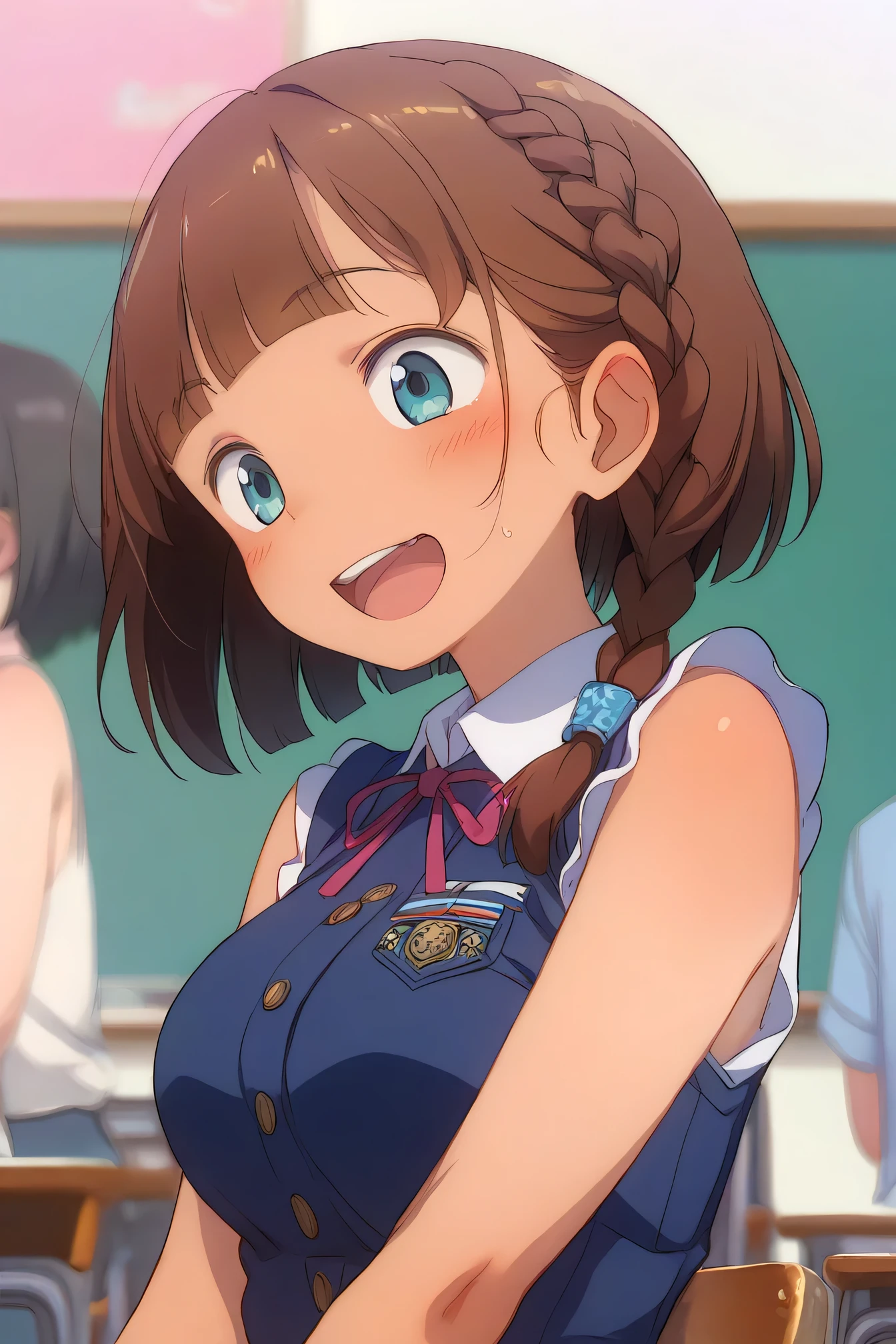 Highest Quality、high image quality、masterpiece、detailed background、Beautiful Girl、Big Breasts、perfect body line、braided bob cut、classroom、jk uniform、A frontal view of a woman happy to receive a surprise present from her friend、cute