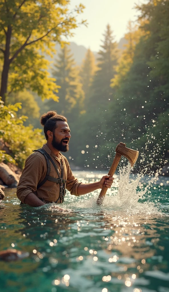canoe made of watermelon rind, ancient man paddling, lake