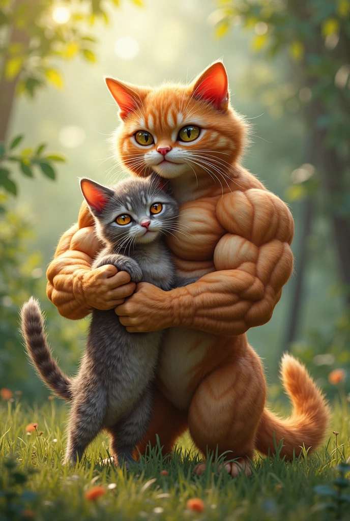 A bodybuilder cat holding a human girl in his arms and crying