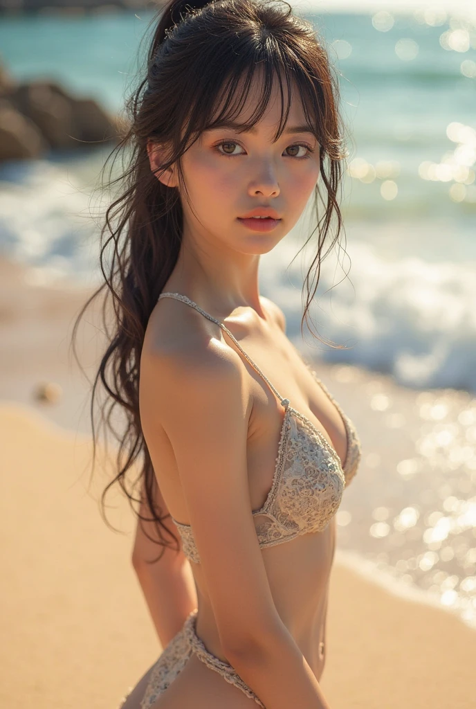 best quality, masterpiece, photo realistic, intricate details, raw photo, photon rendering, octane render, absurdres, ultra detailed, detailed face, detailed skin, trending on artstation, 8k masterpiece, cinematic lighting, ( (1girl)),((solo)),((looking_at_viewer)),trending on cg society,plasticien,((black long hair)),((beautiful woman)),(Smile), far shot, cow boy shot, full body of a girl on the beach, beach background, swimsuit, wearing bikini on the beach, cute face, tall body, sexy pose, fur trim, deep light, big breast,