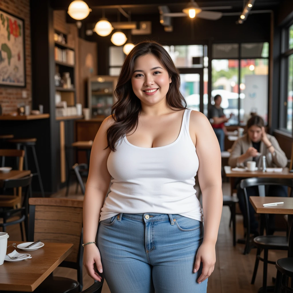 Chubby fat bbw white thai mature woman (60 years old), chubby belly, long straight black hair, wearing blue jeans and white shirt v-neck, black choker necklace, sitting in coffee shop, smiley expression, full body picture, view from the side