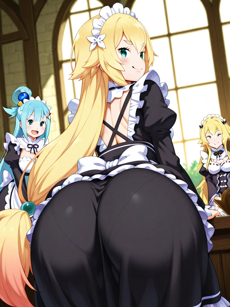 1girl, solo, masterpiece, best quality, detailed, narrow waist, wide hips, huge breasts, huge ass, muscular, tohru (maidragon), twintails, blonde_hair, bursting breasts, bra, lingerie, garter, 1boy, huge cock, hetero, bend over, bending over, sex, doggie style, from side, shota, size difference, bigger female, larger female