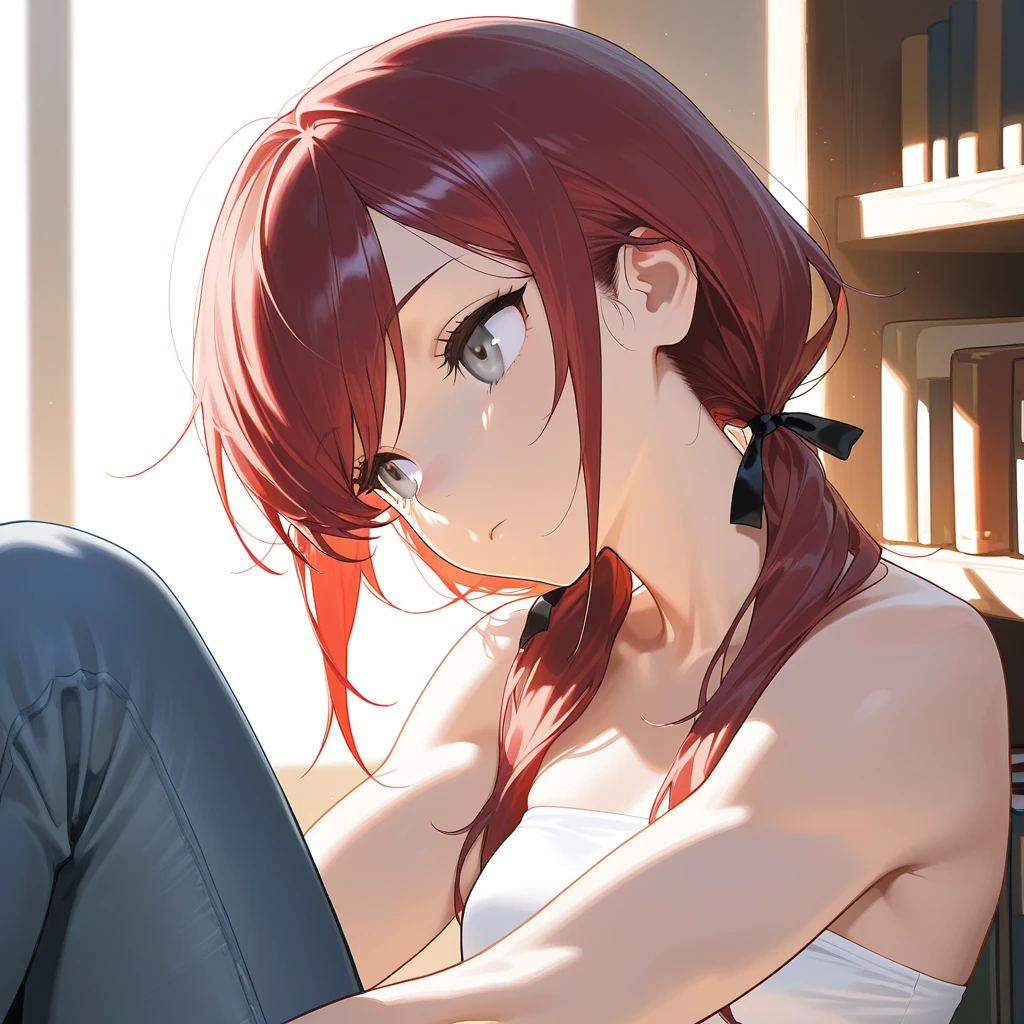 rubykurosawa, Ruby Kurosawa, aqua eye, medium hair, redhead, (flat chest:1.2),off shoulder sweater,bare clavicle,naked neck,bare shoulders,pleated skirt ray tracing, global illumination,tie hair in mouth,head,1 girl, alone, Upper body, put your hands in your hair, vanity table,小さい椅子に座っている 
break looking at viewer, 
break indoors, Bedroom, 
break (masterpiece:1.2), highest quality, High resolution, unity 8k wallpaper, (figure:0.8), (detailed and beautiful eyes:1.6), highly detailed face, perfect lighting, Very detailed CG, (perfect hands, perfect anatomy),