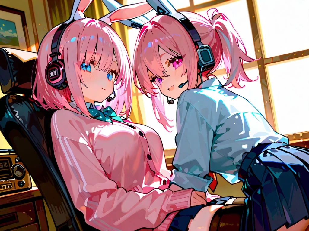 (8K, Highest quality, Highest quality, masterpiece), sit on the floor, (denim hot shorts), (mini shorts), big breasts, ((spread legs 1:2)), nm1, headphones around neck, long sleeves, blue cardigan, pantyhose, (fullbody), smile, school uniform, open jacket