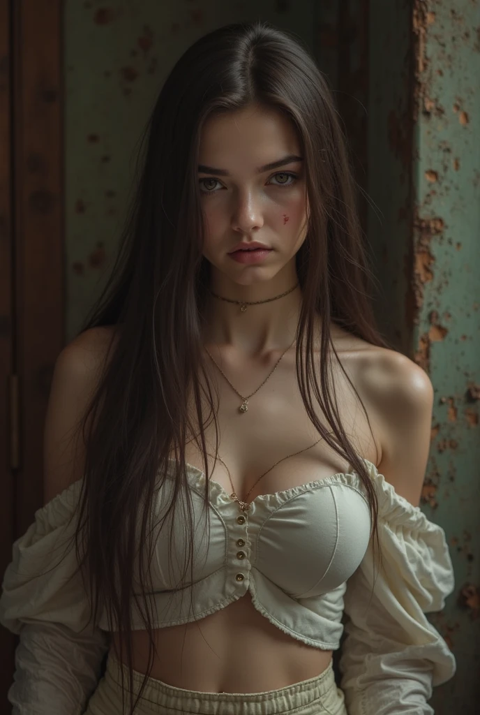 scared very young girl, barely covering  with her arms, hiding behind some ruins, house destroyed by a catastrophe ,RAW photo, Highly detailed skin, exposed, Photography, Masterpiece, Best quality, Gorgeous, Ultra-detailed face, detailed bust, Detailed brown eyes, ((no close up)) , very small breastsdetailed breasts, looks viewer, pale skin, detailed skin, slender body, extreme detailed, dark hair, super long hair, very large eyes, very young, indoors, studio light, semi-darkness, raw photo