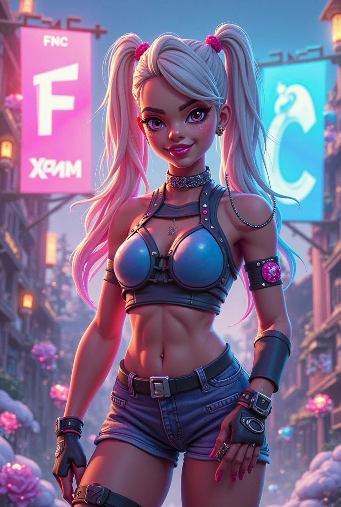 ultra wide angle lens , Bottom view , worm eye view , teenager , woman , Smiling and cheerful face , Wear a waistcoat. , shorts , No Bra , NUDE , Walking in the amusement park, full of monsters , full body image , wide angle , Highly detailed