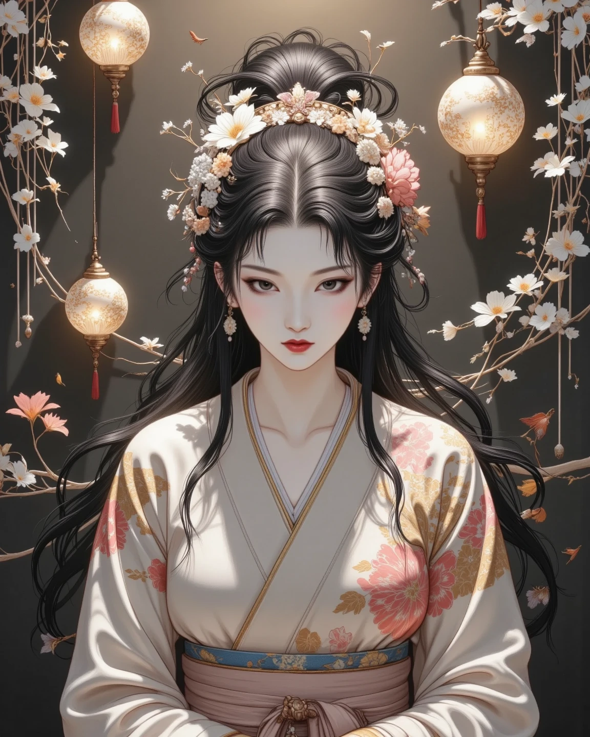 A gentle Japanese woman in a hakama is at the center of this image。Her costume is expressed in muted beige tones、exude elegance and modesty。gently bowing her head her expression is serene、her flowing hair is adorned with intricate floral hairpieces、enhances the natural flowers surrounding her in the background、Ornate round objects、A gentle young woman in a traditional Japanese costume is at the center of this image、graceful vine plants and hanging ornaments hanging above her head The、timeless beauty。understated, simple color scheme enhances the scene's calm and introspective mood。The overall atmosphere of the frame is quiet and meditative、You can feel serenity and elegance。